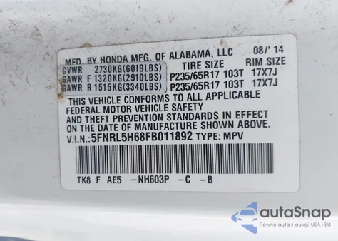 2015 Honda Odyssey Ex-L from USA, damaged, VIN 5FNRL5H68FB011892